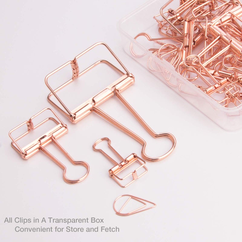 VENCINK Rose Gold Wire Binder Clips and Cute Paper Clips Set Assorted Sizes, 2 Large 6 Medium 10 Small Smooth Stainless Hollow Office Clamp Clips - Image 2
